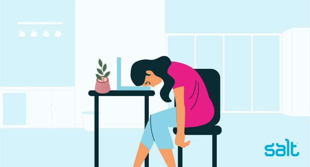 Work from home productivity is important for mental health - if you don't feel like you can work then you might feel no energy or motivation like the woman in this graphic design