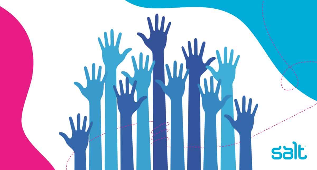 Allyship means all of us need to learn and do better - put your hand up and learn! Visual of lots of hands up