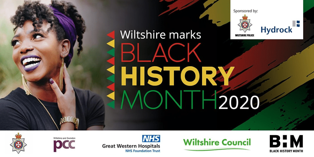 Wiltshire Black history month poster, with beautiful lady in natural hair smiling and all the sponsors for the event