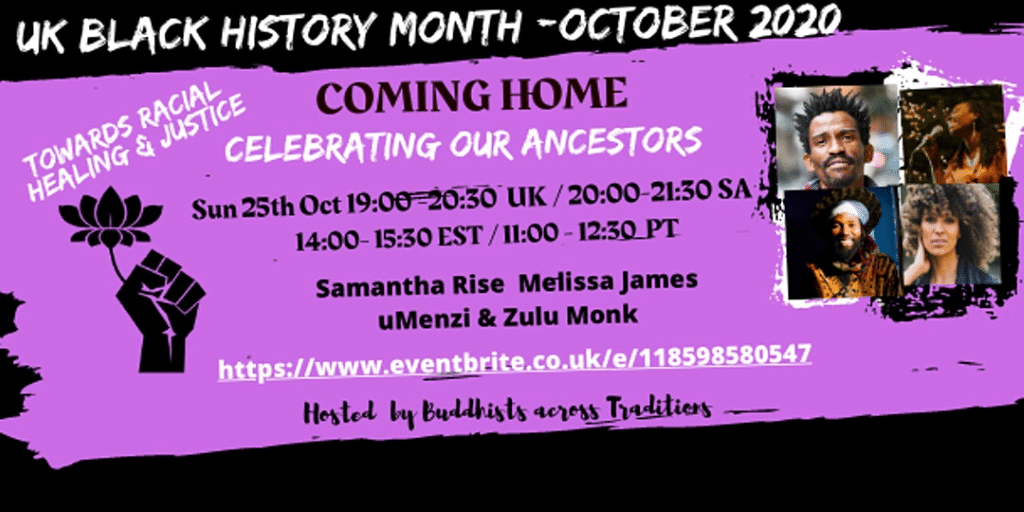 Coming home event poster with date, time and speakers